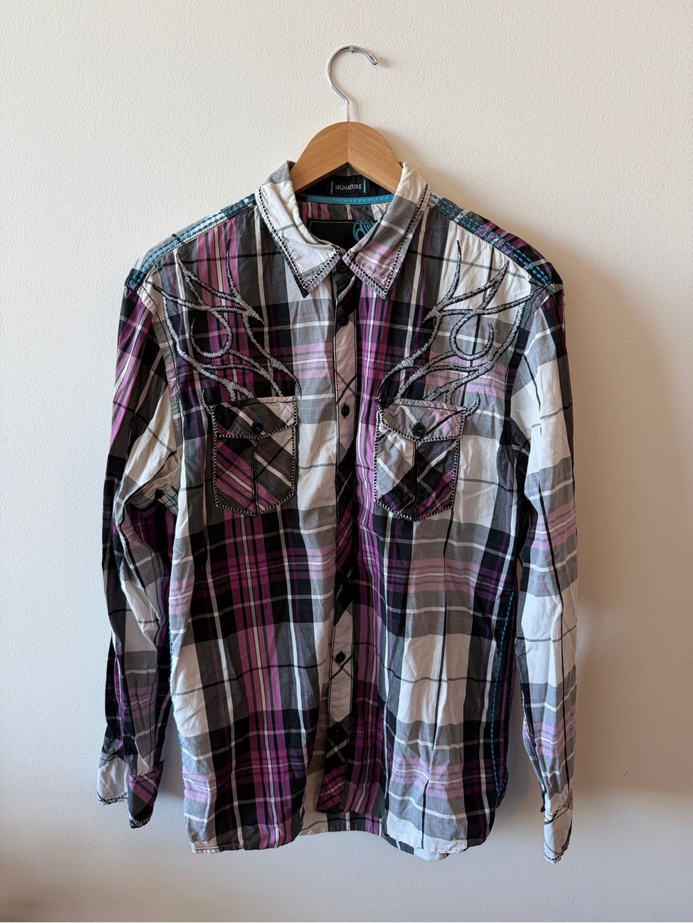 Roar Men’s Purple Plaid Western Button-Down Shirt Embroidered - Large